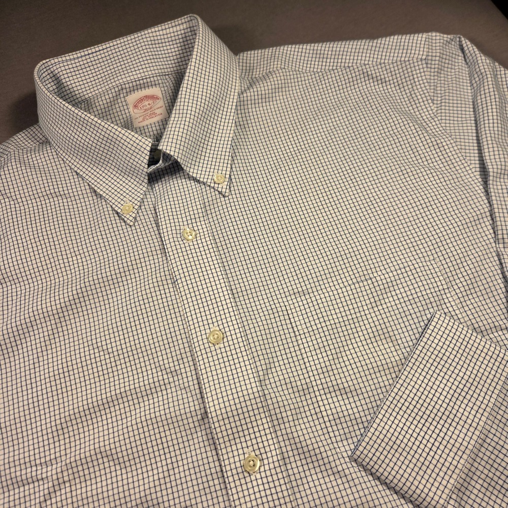 Brooks Brothers 346 Non-Iron Shirt Mens 17.5 6/7 XL Blue White Tattersall Check
